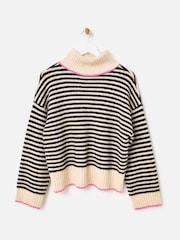 Oliver Bonas Black Monochrome & Pink Striped Roll Neck Knitted Jumper - Image 4 of 7