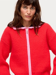 Oliver Bonas Red Red Scalloped Collar Zip Up Knitted Bomber Jacket - Image 1 of 8