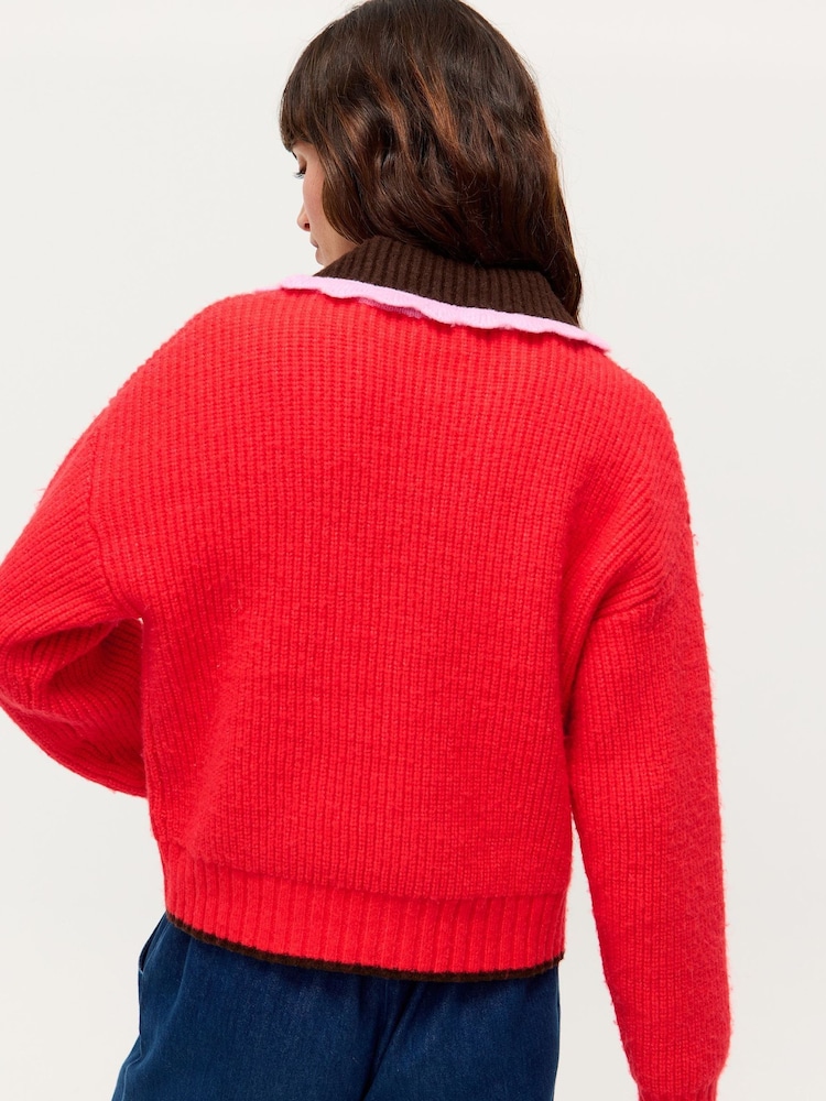 Oliver Bonas Red Red Scalloped Collar Zip Up Knitted Bomber Jacket - Image 2 of 8 Oliver Bonas Red Red Scalloped Collar Zip Up Knitted Bomber Jacket - Image 2 of 8