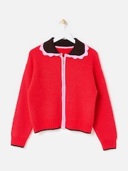 Oliver Bonas Red Red Scalloped Collar Zip Up Knitted Bomber Jacket - Image 3 of 8