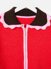 Oliver Bonas Red Red Scalloped Collar Zip Up Knitted Bomber Jacket - Image 5 of 8