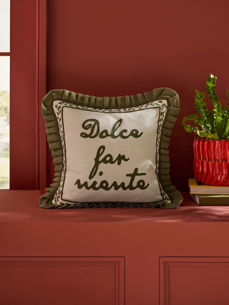 Lia Gold x Next Green Embroidered Slogan Pleated Cushion - Image 1 of 6 Lia Gold x Next Green Embroidered Slogan Pleated Cushion - Image 1 of 6