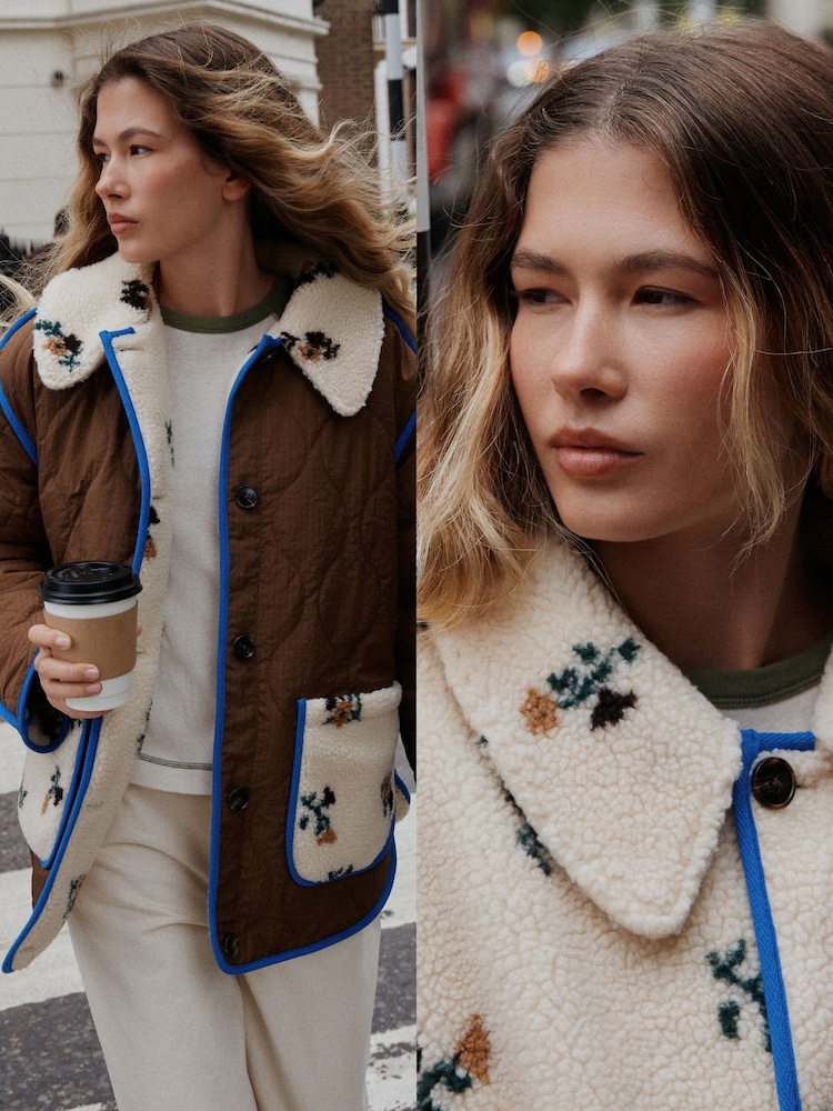 Brown/Floral Reversible Borg Quilted Jacket - Image 1 of 11 Brown/Floral Reversible Borg Quilted Jacket - Image 1 of 11