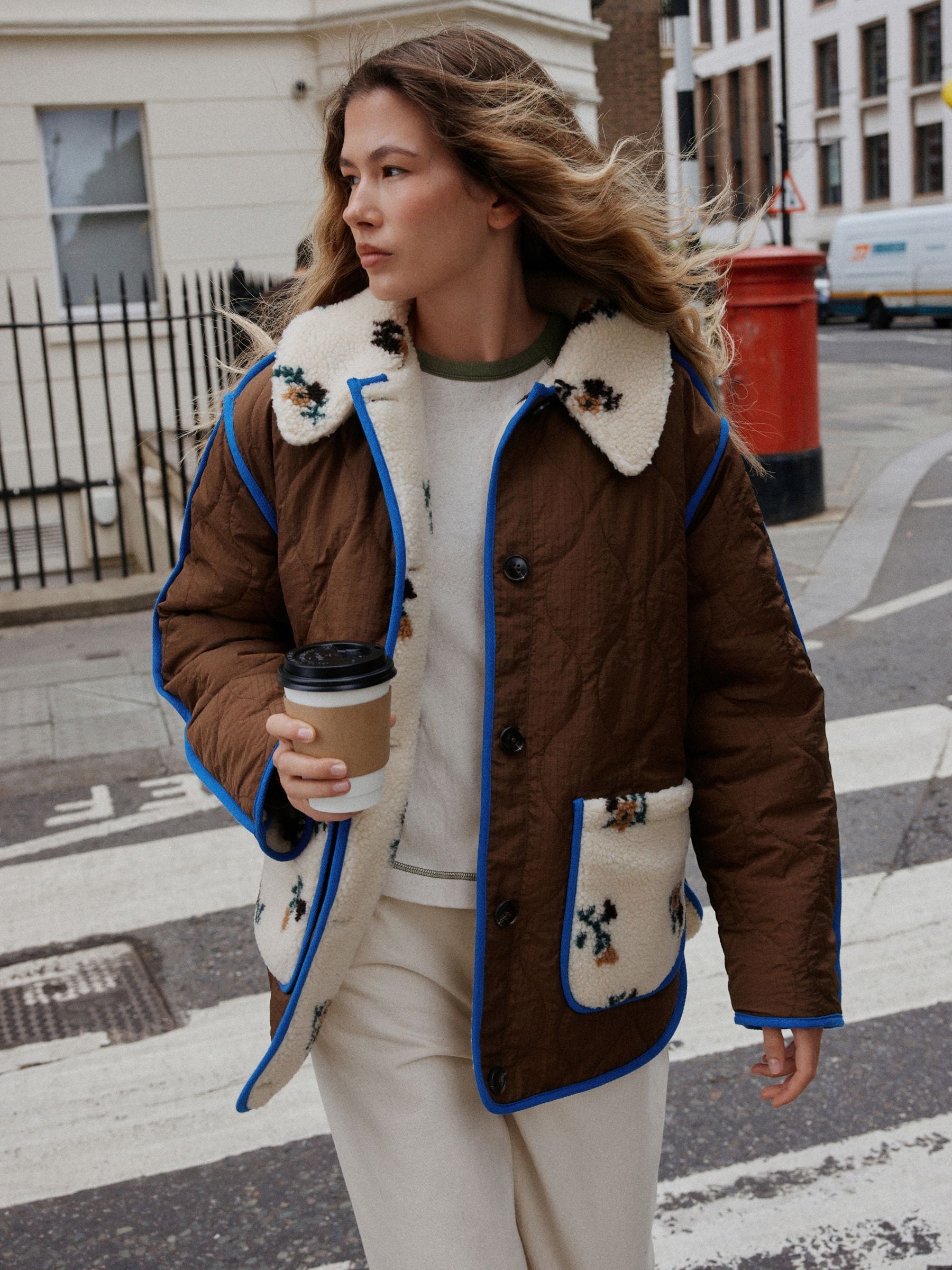 Buy Brown and Ecru Floral Reversible Borg Quilted Jacket from Next USA