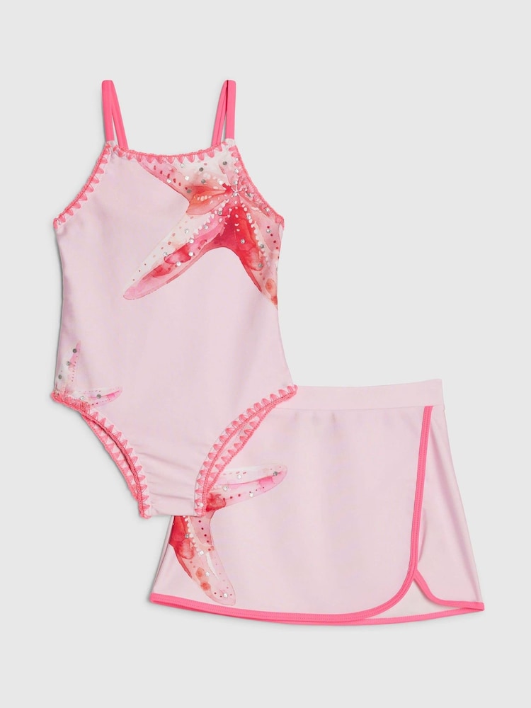 River Island Pink Starfish 2 Piece Swimsuit & Skirt Set - Image 1 of 5 River Island Pink Starfish 2 Piece Swimsuit & Skirt Set - Image 1 of 5