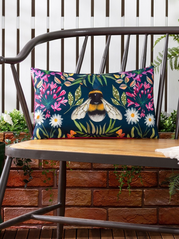 Wylder Navy House Of Bloom Zinnia Bee Outdoor Cushion - Image 1 of 5 Wylder Navy House Of Bloom Zinnia Bee Outdoor Cushion - Image 1 of 5