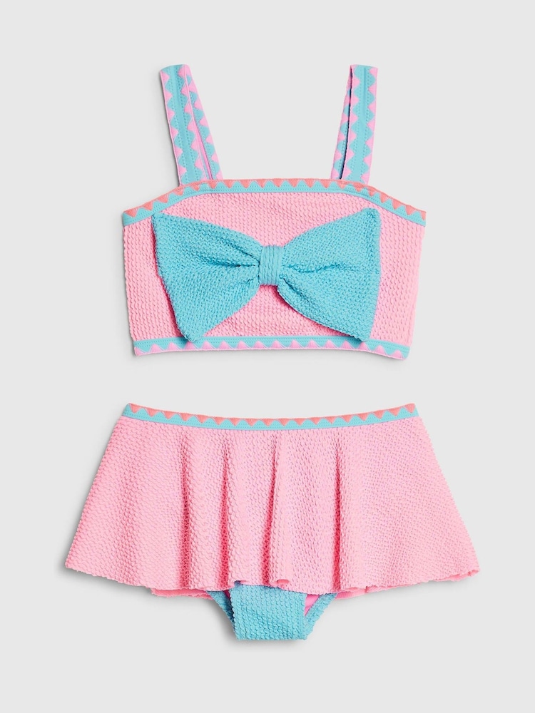 River Island Pink Bow Textured 3 Piece Bikini & Skirt Set - Image 1 of 5 River Island Pink Bow Textured 3 Piece Bikini & Skirt Set - Image 1 of 5