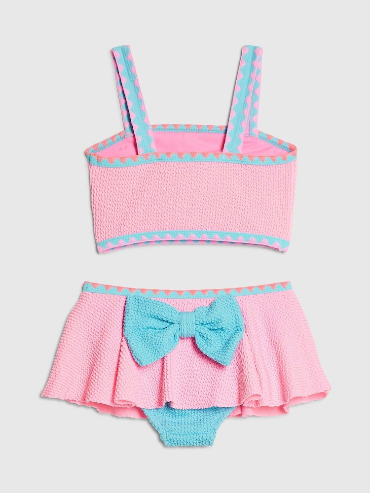 River Island Pink Bow Textured 3 Piece Bikini & Skirt Set - Image 2 of 5 River Island Pink Bow Textured 3 Piece Bikini & Skirt Set - Image 2 of 5