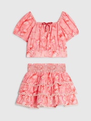 River Island Pink Hibiscus Bow Puff Sleeve Top & Rara Skirt Set - Image 1 of 4
