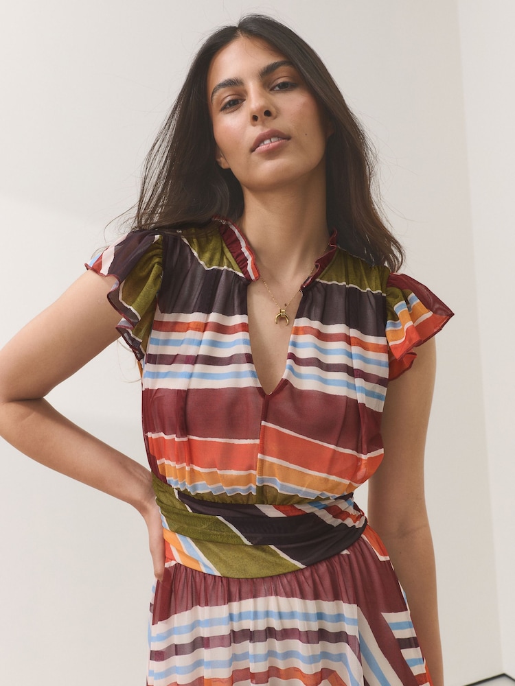 green and red striped dress Buy Brown/Green/Red Stripe Pleated Mesh V-Neck Occasion Maxi from Next Netherlands White striped