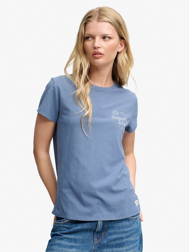 Superdry Blue Luxe Casual Classic T-Shirt - Image 1 of 8 Superdry Blue Luxe Casual Classic T-Shirt - Image 1 of 8
