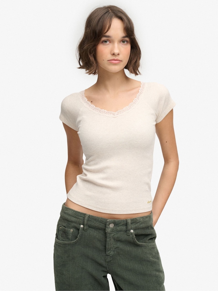 Superdry Cream Ath Ess Lace Trim V-Neck T-Shirt - Image 1 of 7