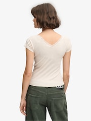 Superdry Cream Ath Ess Lace Trim V-Neck T-Shirt - Image 2 of 7