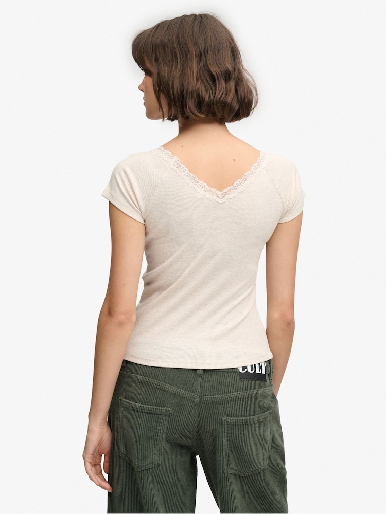 Superdry Cream Ath Ess Lace Trim V-Neck T-Shirt - Image 2 of 7