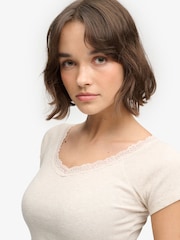 Superdry Cream Ath Ess Lace Trim V-Neck T-Shirt - Image 5 of 7