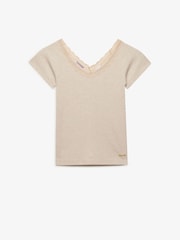 Superdry Cream Ath Ess Lace Trim V-Neck T-Shirt - Image 6 of 7