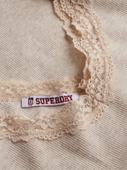 Superdry Cream Ath Ess Lace Trim V-Neck T-Shirt - Image 7 of 7