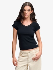 Superdry Blue Ath Ess Lace Trim V-Neck T-Shirt - Image 1 of 7