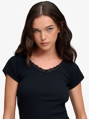 Superdry Blue Ath Ess Lace Trim V-Neck T-Shirt - Image 5 of 7