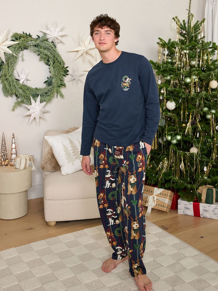 Navy Dog Print Matching Family Christmas Long Sleeve Pyjamas Set - Image 1 of 4 Navy Dog Print Matching Family Christmas Long Sleeve Pyjamas Set - Image 1 of 4