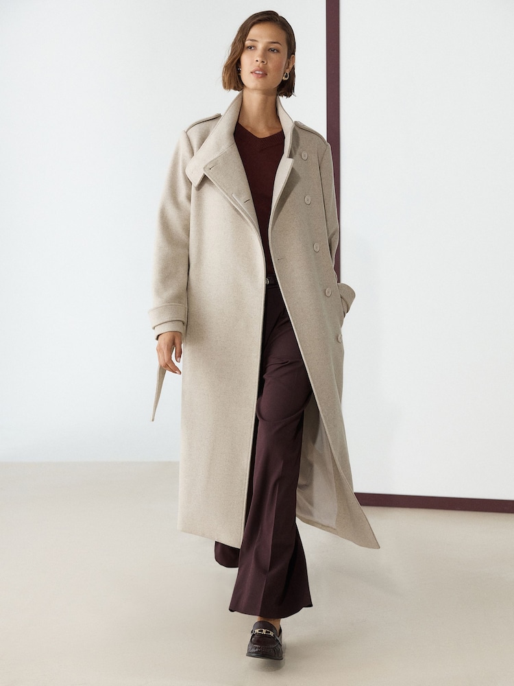 Neutral Cream Double Breasted Formal Funnel Neck Coat With Wool - Image 1 of 9 Neutral Cream Double Breasted Formal Funnel Neck Coat With Wool - Image 1 of 9