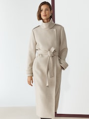 Neutral Cream Double Breasted Formal Funnel Neck Coat With Wool - Image 2 of 9