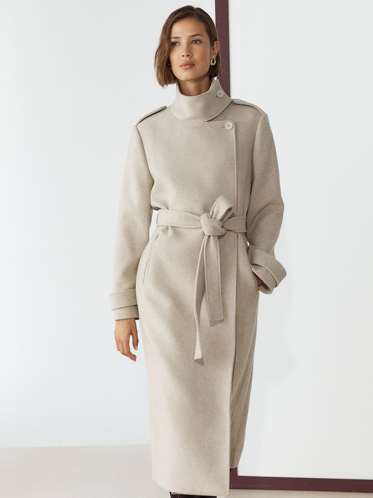 Neutral Cream Double Breasted Formal Funnel Neck Coat With Wool - Image 2 of 9 Neutral Cream Double Breasted Formal Funnel Neck Coat With Wool - Image 2 of 9