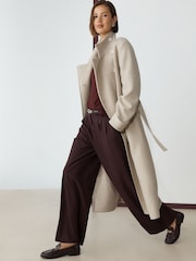 Neutral Cream Double Breasted Formal Funnel Neck Coat With Wool - Image 3 of 9