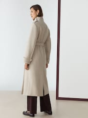 Neutral Cream Double Breasted Formal Funnel Neck Coat With Wool - Image 4 of 9