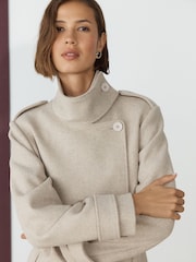 Neutral Cream Double Breasted Formal Funnel Neck Coat With Wool - Image 5 of 9