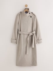 Neutral Cream Double Breasted Formal Funnel Neck Coat With Wool - Image 6 of 9