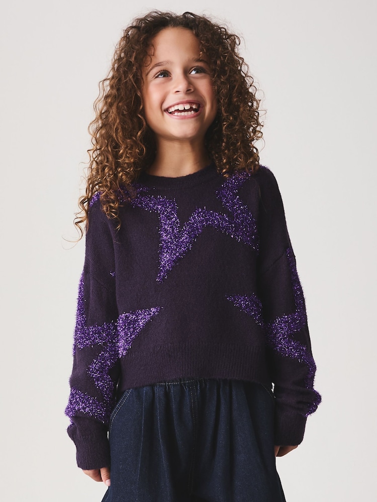Purple Tinsel Star Fluffy Jumper (3-16yrs) - Image 1 of 4 Purple Tinsel Star Fluffy Jumper (3-16yrs) - Image 1 of 4