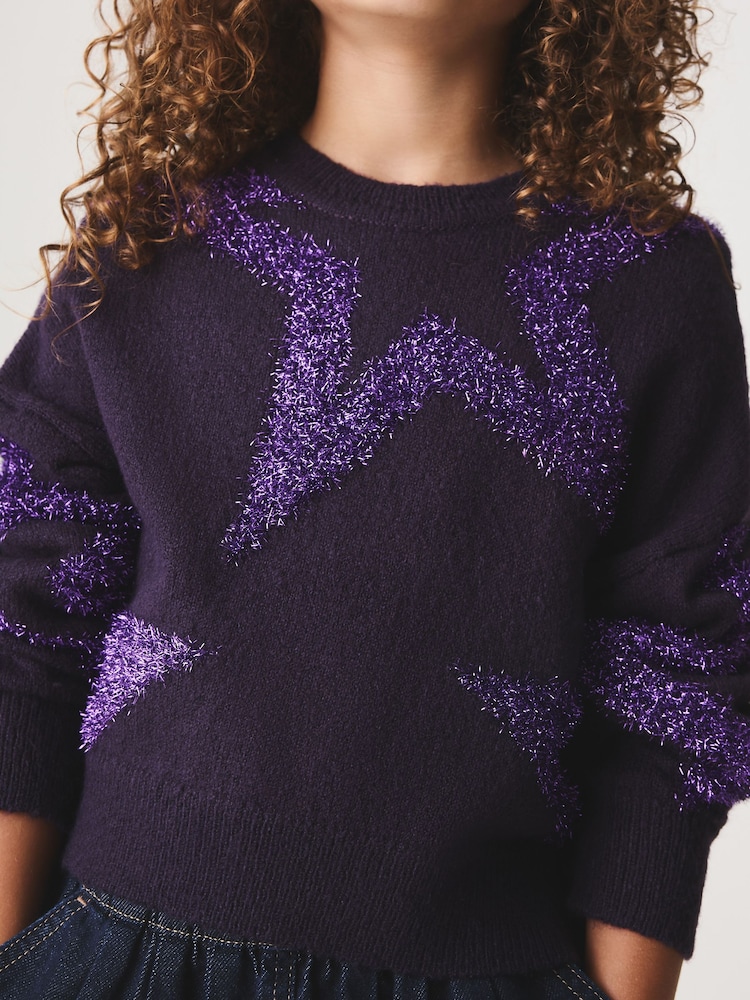 Purple Tinsel Star Fluffy Jumper (3-16yrs) - Image 2 of 4 Purple Tinsel Star Fluffy Jumper (3-16yrs) - Image 2 of 4