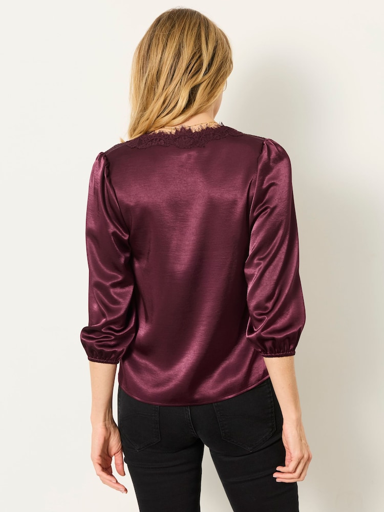 FatFace Betty Wine Petite Lace Trim Blouse - Image 2 of 5 FatFace Betty Wine Petite Lace Trim Blouse - Image 2 of 5