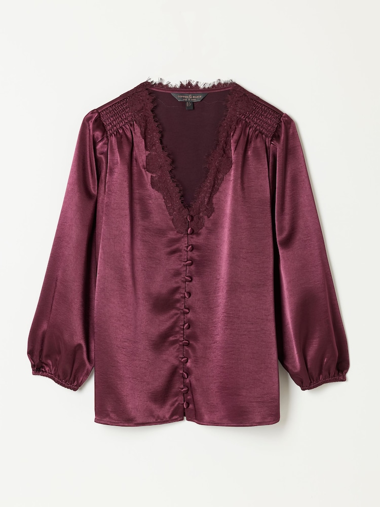FatFace Betty Wine Petite Lace Trim Blouse - Image 5 of 5 FatFace Betty Wine Petite Lace Trim Blouse - Image 5 of 5