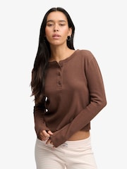 Superdry Brown Ath Ess Waffle Button Long Sleeve Top - Image 1 of 8
