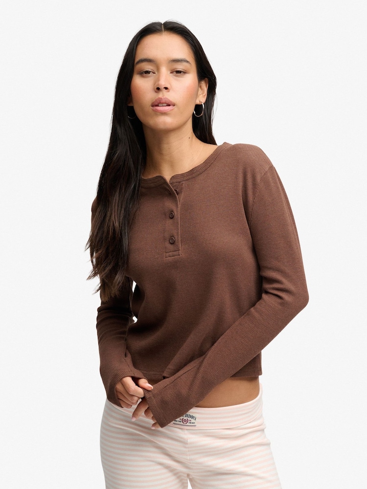 Superdry Brown Ath Ess Waffle Button Long Sleeve Top - Image 1 of 8