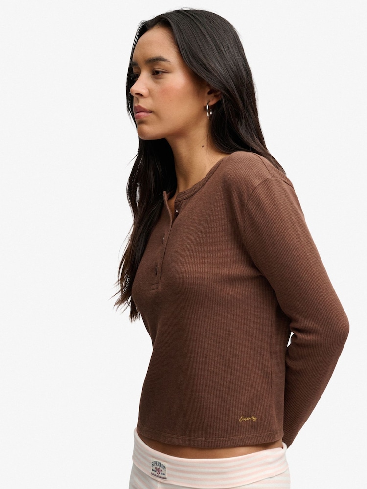 Superdry Brown Ath Ess Waffle Button Long Sleeve Top - Image 2 of 8