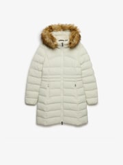 Superdry White Hood Faux Fur Fuji Mid Length Jacket - Image 1 of 3