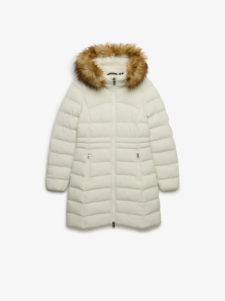 Superdry White Hood Faux Fur Fuji Mid Length Jacket - Image 1 of 3