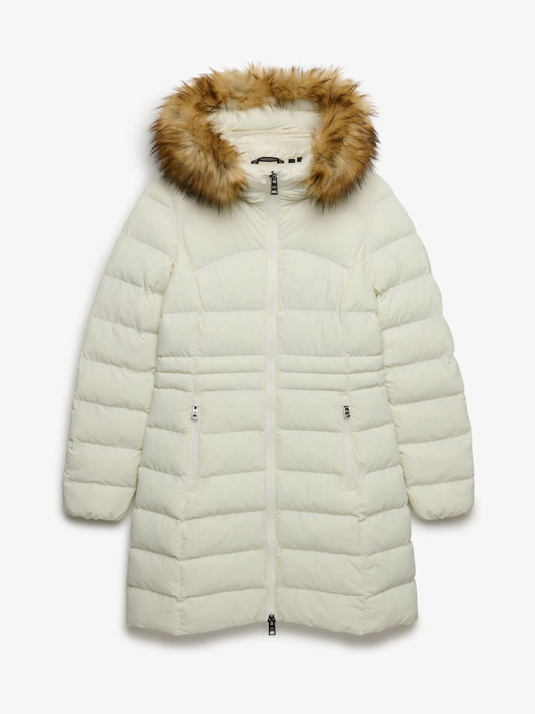 Superdry White Hood Faux Fur Fuji Mid Length Jacket - Image 2 of 3