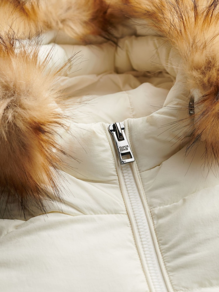 Superdry White Hood Faux Fur Fuji Mid Length Jacket - Image 3 of 3