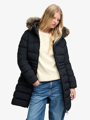 Superdry Black Hood Faux Fur Fuji Mid Length Jacket - Image 1 of 9