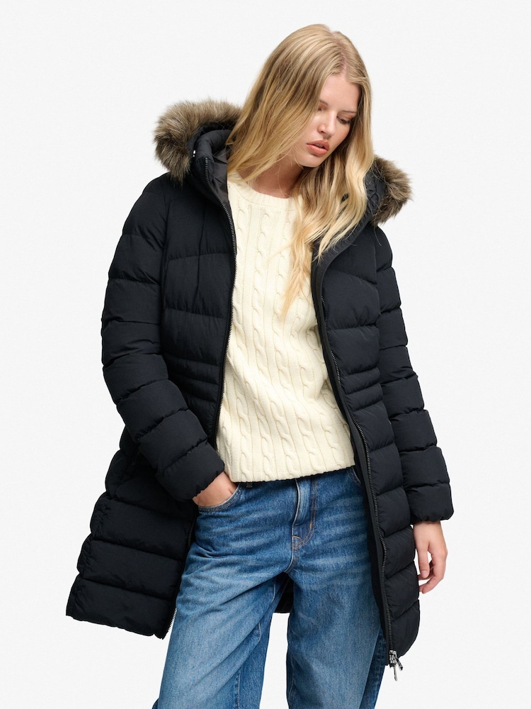 Superdry Black Hood Faux Fur Fuji Mid Length Jacket - Image 1 of 9