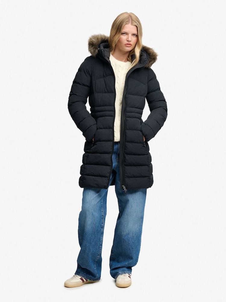 Superdry Black Hood Faux Fur Fuji Mid Length Jacket - Image 2 of 9