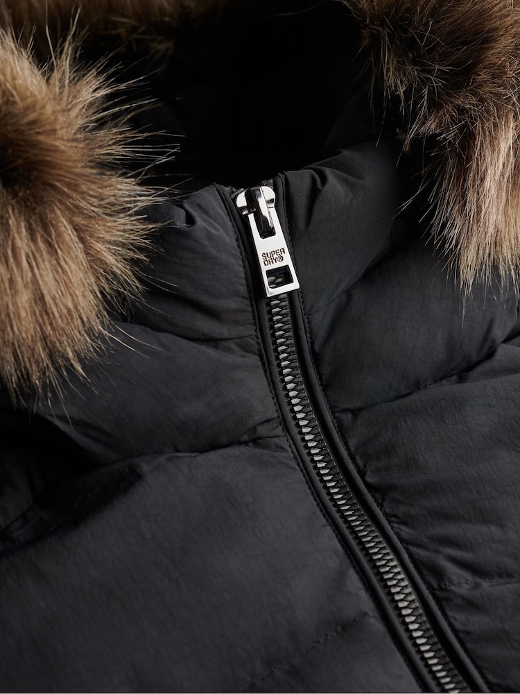 Superdry Black Hood Faux Fur Fuji Mid Length Jacket - Image 9 of 9