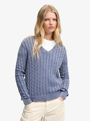 Superdry Blue Washed V-Neck Cable Jumper - Image 1 of 5