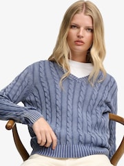 Superdry Blue Washed V-Neck Cable Jumper - Image 4 of 5