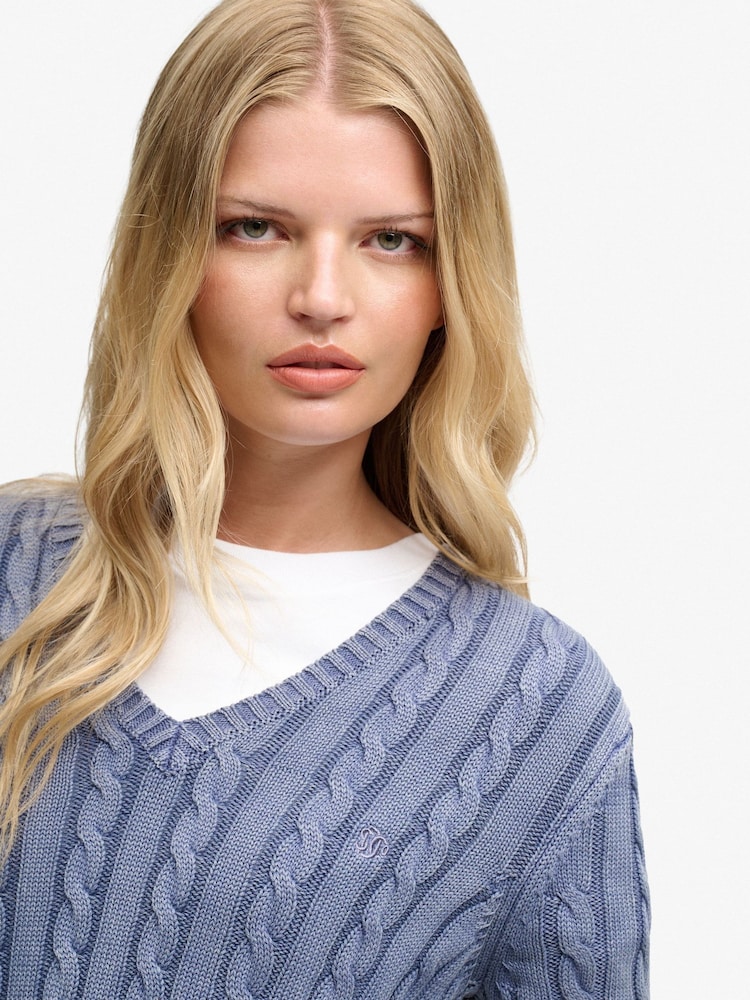 Superdry Blue Washed V-Neck Cable Jumper - Image 5 of 5
