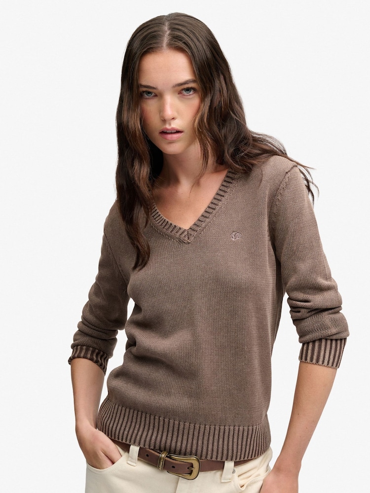 Marrón - Suéter Cuello de pico lavado Superdry - Imagen 1 de 8